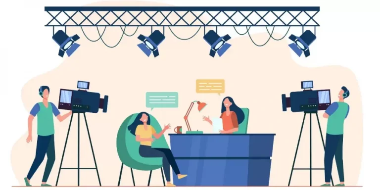 Cartoon illustration of a video production studio set for brand animation
