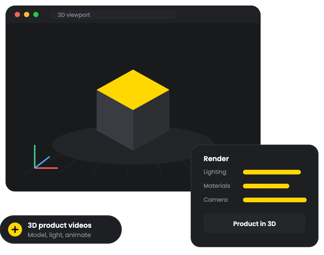 Illustration of a 3D product model in a viewport with render settings