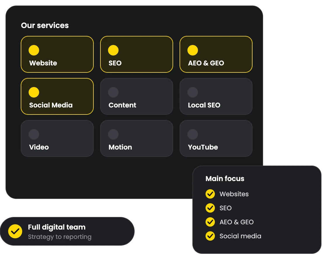 Illustration of Xtreme Marketer digital marketing services including website, SEO, AEO and social media
